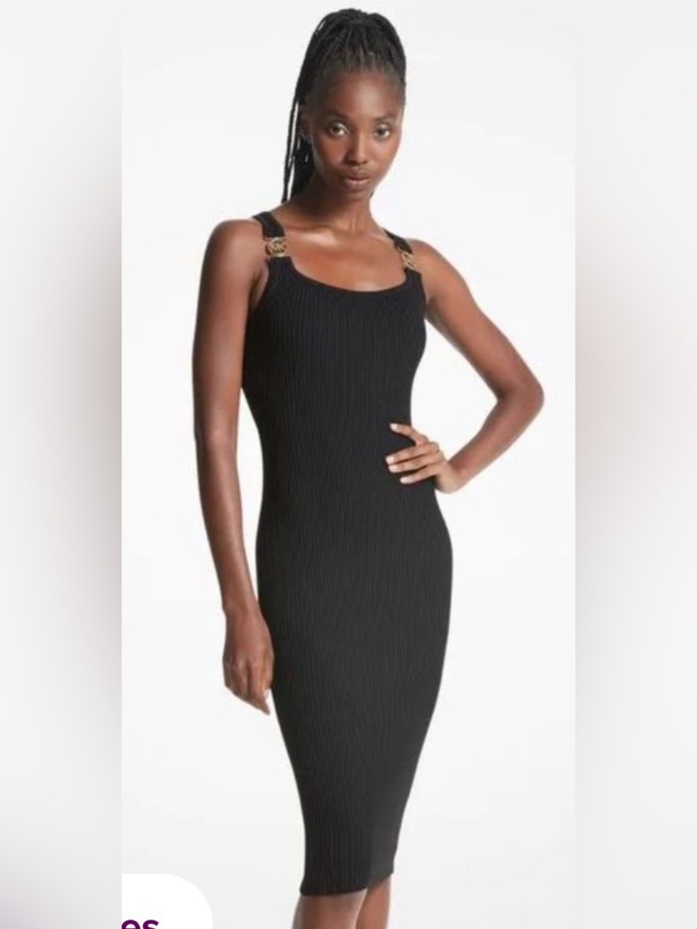 Michael Kors Black Ribbed Midi Dress with Gold Buckle Straps